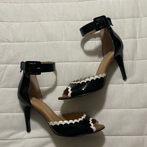 Tahari Black Patent Ankle-Strap Heels with White Scallop Trim